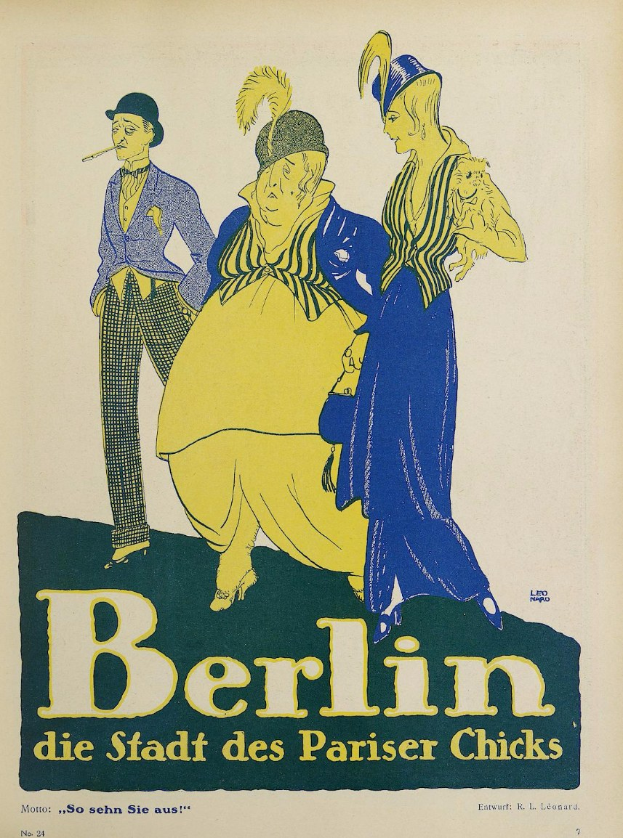 Ein Plakat, das ein Konzert in Berlin, Deutschland, ankündigt, mit einer Gruppe von Menschen in bunter Kleidung vor einem Gebäude mit dem Text "Berlin - Die Stadt des Pariser Chicks" oben drauf.
