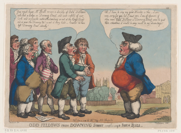 Cartoon illustration of a group of people standing in front of a building, trees, and a sky, with text at the bottom reading "odd fellows from downing street complaining to John Bull".