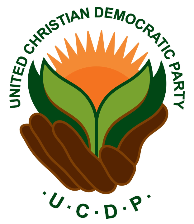 Logo der Vereinigte Christdemokratische Partei (UCDP): eine Hand, die eine leuchtend gelbe Blume mit einem grünen Stiel und Blättern hält, mittig in einem blauen und gelben Kreis auf einem weißen Hintergrund, mit der Schrift 'UCDP' in fetter schwarzer Schrift darunter.