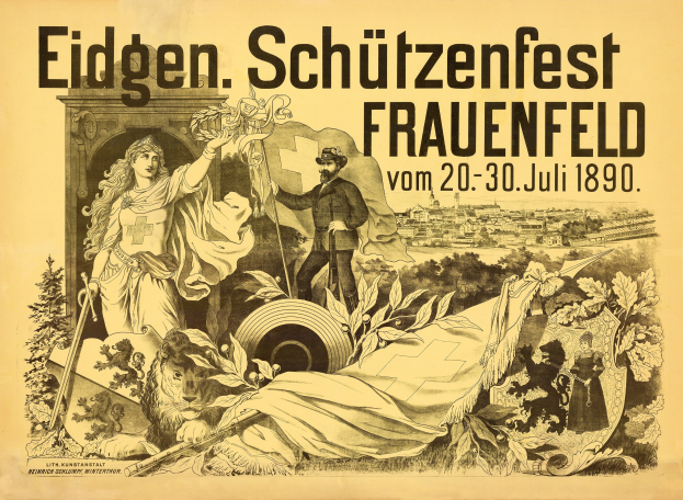 Plakat zum Eidgen Schützenfest in Frauenfeld, Deutschland, mit einem Mann im Anzug und einer Frau im Kleid nebeneinanderstehend und Textebene mit Ereignisdetails.