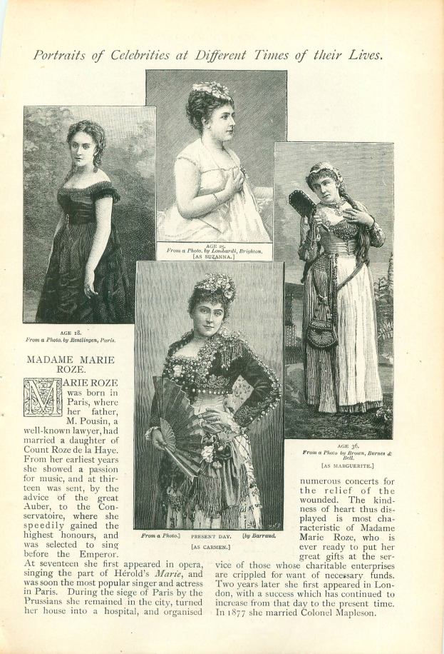 Ein altes Buch mit dem Titel "Porträts von Promis zu verschiedenen Zeiten ihres Lebens", das eine Frau in einem langen, fließenden Kleid mit hohem Kragen und langen Ärmeln zeigt, deren Haar zu einem Dutt gebunden ist und die einen sanften Ausdruck im Gesicht hat.