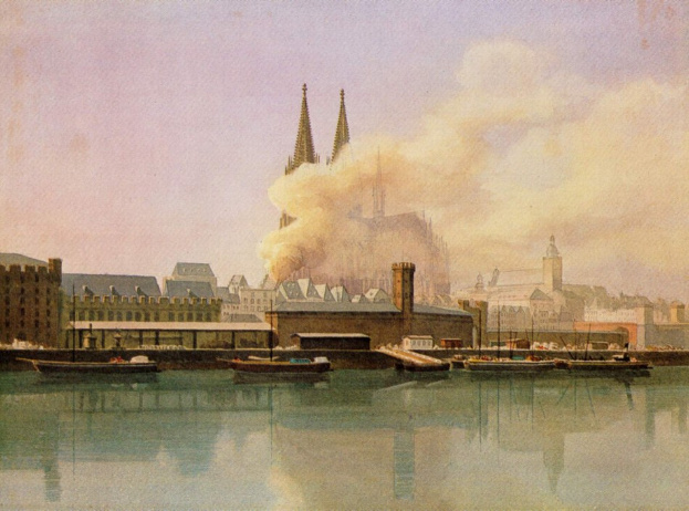 Gemälde einer 19. Jahrhundert-Köln-Stadtansicht mit Booten, Gebäuden, Rauch und Himmel, betitelt 'Köln, Deutschland im 19. Jahrhundert' unten.