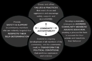Ein Diagramm mit der Überschrift "Gemeinschaftsverantwortung" und drei miteinander verbundenen Kreisen um den zentralen Text, alles in fetter, leuchtender Farbe.