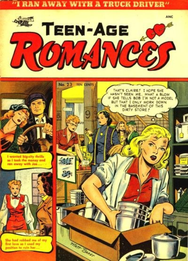 Ein farbenfroher DC-Comics-Plakat titled "Teen-Age Romances 23-A" zeigt eine Gruppe von Menschen in einer fröhlichen, romantischen Umarmung mit fetter Schrift und strahlenden Gesichtern.