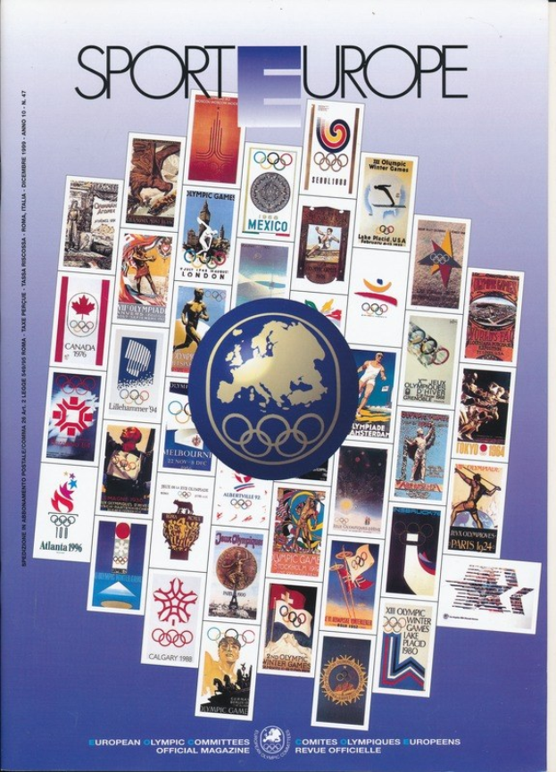 Buchumschlag mit dem Titel "Sporting Europe" mit leuchtenden Olympischen Spielen-Imagery und -Text in Europa.