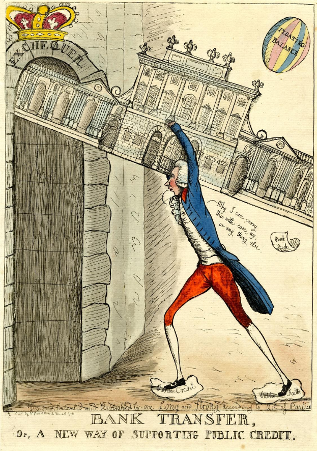 Cartoon eines Mannes in einem blauen Jackett und roten Hosen mit einer Krone, der vor einem Gebäude steht, mit Text unten, der "Banktransfer, oder, eine neue Art der Unterstützung von öffentlichem Kredit" lautet