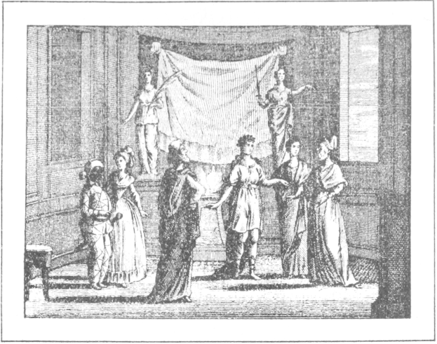 Schwarz-weiß-Zeichnung einer Gruppe von Menschen vor einer Bühne mit einem drapierten Tuch an der Wand und Fenstern im Hintergrund, betitelt "Das Theater der Oper" unten.