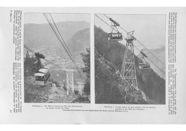 Schwarze und weiße Fotografie einer Seilbahn, die einen bewaldeten Berghang hinauffährt, mit zwei Seilbahnbildern und begleitendem Text.