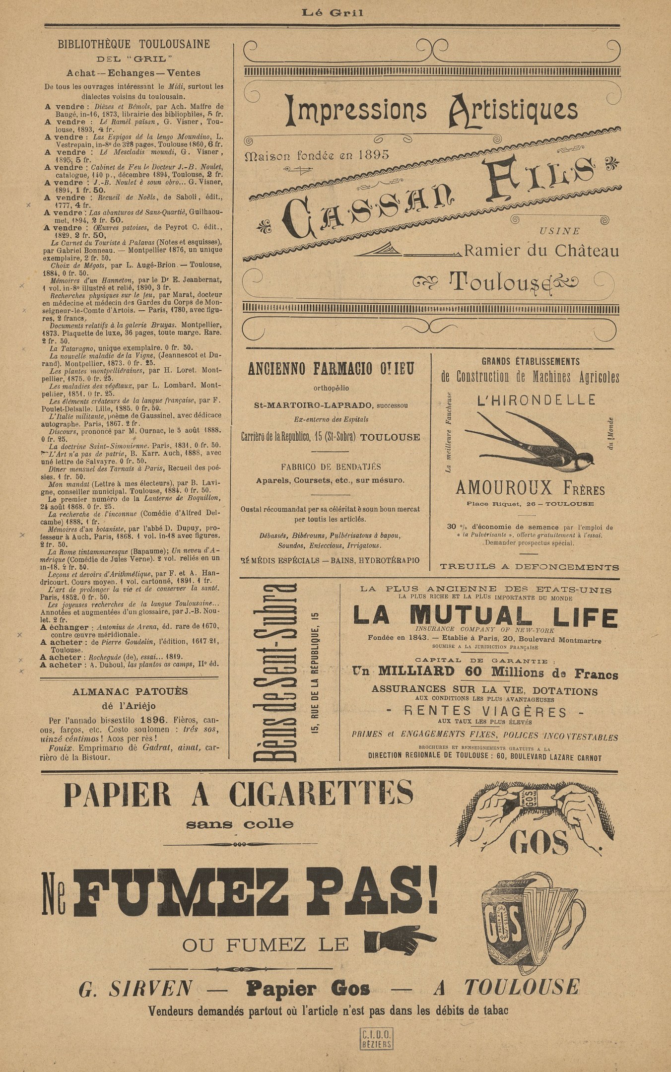 Vintage-Zeitung mit Text und Anzeigen in Schwarz-Weiß-Layout.