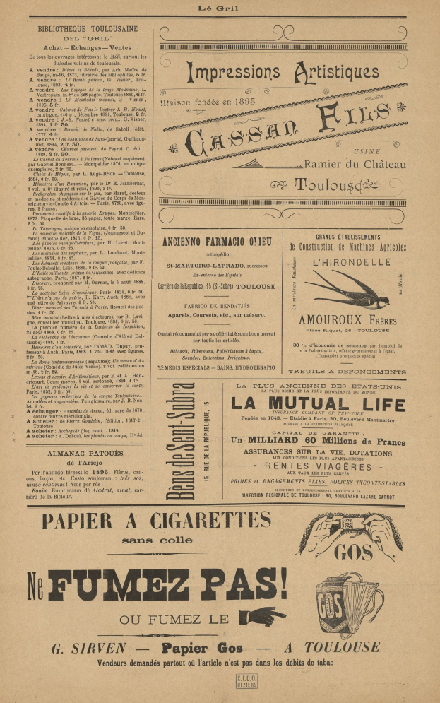 Vintage-Zeitung mit Text und Anzeigen in Schwarz-Weiß-Layout.