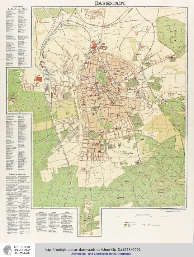 Ein detaillierter alter Stadtplan von Darmstadt, Deutschland, der Straßen, Gebäude und Sehenswürdigkeiten zeigt, mit Texten, die zusätzliche Stadtinformationen bereitstellen.