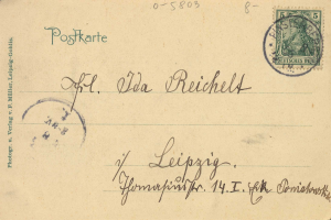 Alte Postkarte aus Deutschland mit einer Briefmarke, die eine Frau auf der rechten Seite und Text auf der linken Seite zeigt, an Leipzig adressiert.