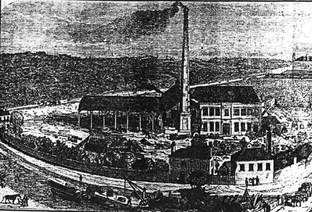 Eine Schwarz-Weiß-Zeichnung einer Fabrik in einem Feld mit ein paar Gebäuden, Bäumen und einem Mast im Vordergrund und dem Text "The New York State Penitentiary" unten.