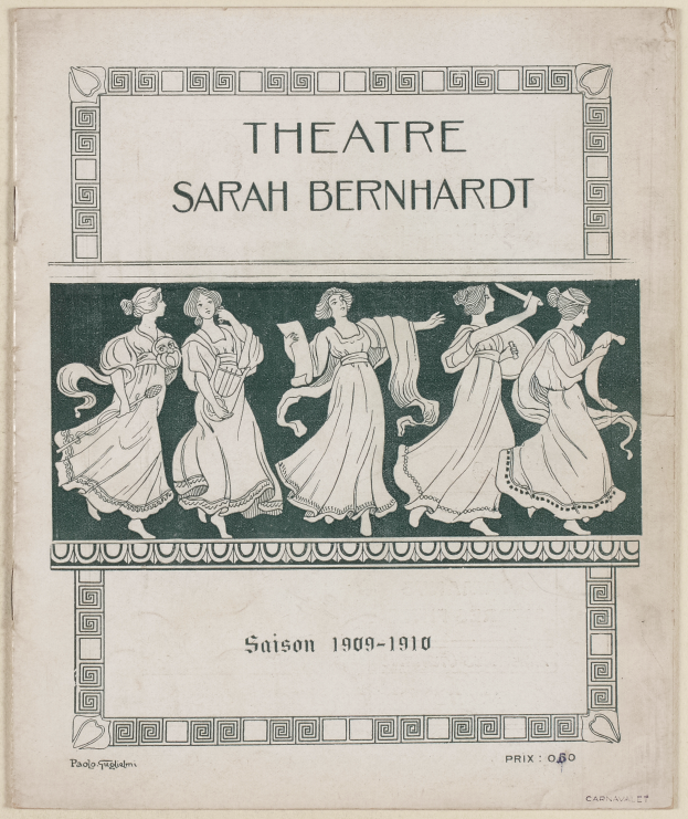 Ein Vintage-Plakat des Theaters Sarah Bernhardt aus dem Jahr 1909-1910, das eine Gruppe von Frauen in der Mitte zeigt und Text, der das Theater und seine Schauspieler beschreibt.