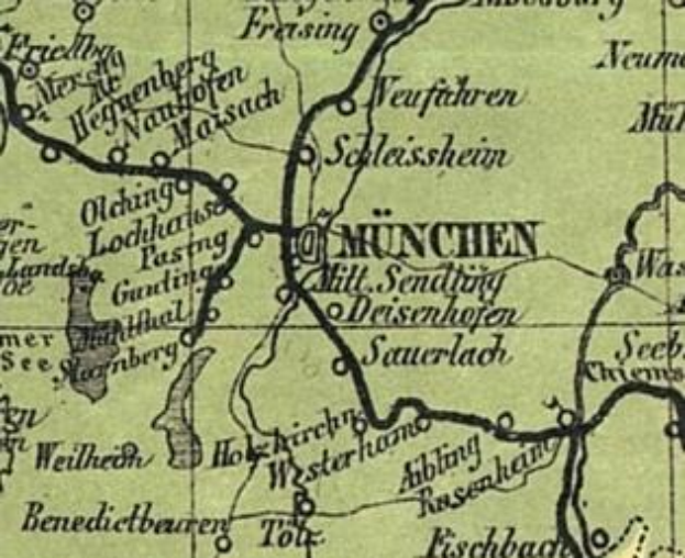 Ein detaillierter alter Stadtplan von München, Deutschland, der Straßen, Gebäude, Sehenswürdigkeiten und Text enthält, der Informationen über die Bevölkerung, Straßen und Sehenswürdigkeiten der Stadt bereitstellt.