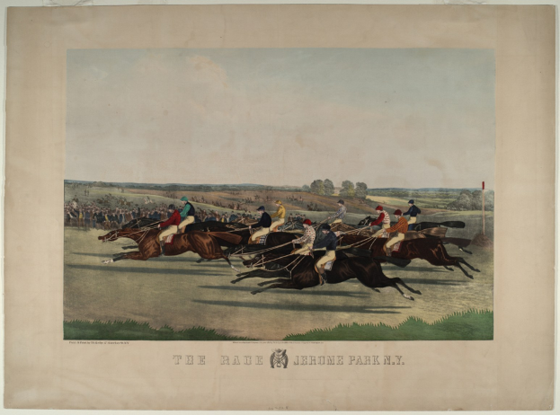 Gruppe von Menschen, die auf Pferden reitet, auf einer grünen Wiese mit Bäumen und einem klaren blauen Himmel im Hintergrund, Text unten lautet 'Das Rennen im Jerome Park, New York'.