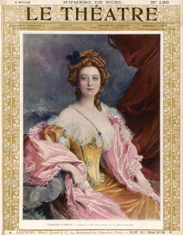 Eine Frau in einem rosafarbenen Kleid mit zurückgebundenem Haar, die direkt in die Kamera schaut, auf dem Cover einer Zeitschrift mit der Aufschrift "Le Theatre".