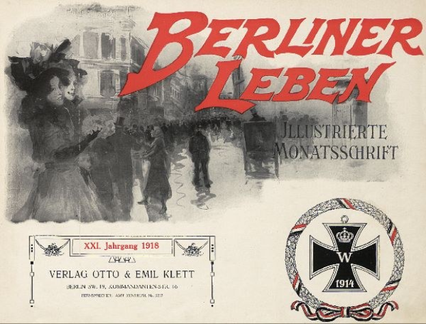 Altes Buchcover mit dem Titel 'Berliner Leben', das eine Gruppe von Menschen in einer feierlichen Szene und ein deutsches militärisches Logo zeigt.
