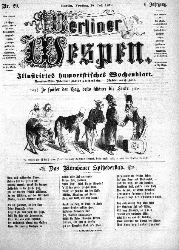 Schwarz-weißer Cartoon eines Mannes mit Zylinder und einer Frau in einem Kleid, die besorgt aussehen, aus der 'Berliner Wespen'-Zeitung, Juli 1873.