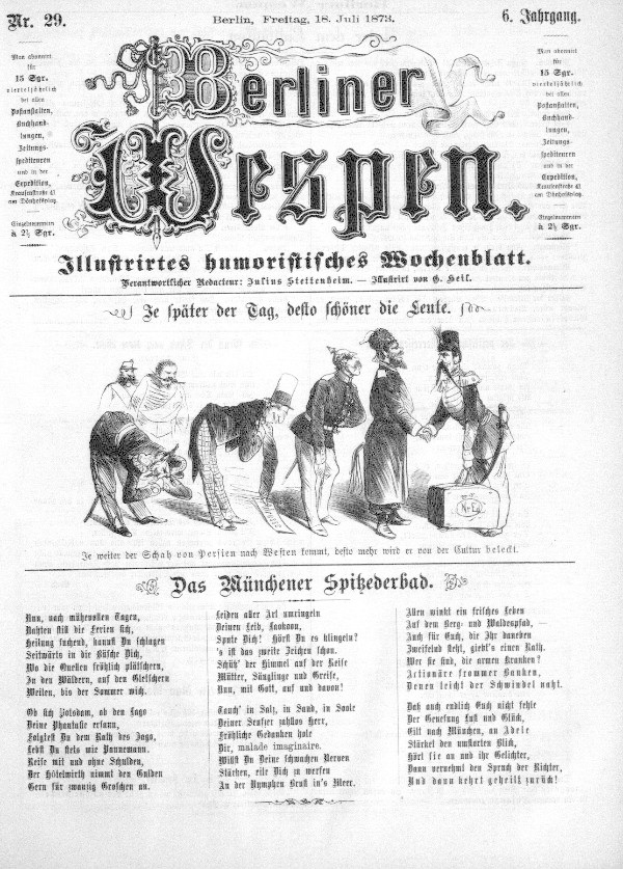 Schwarz-weißer Cartoon eines Mannes mit Zylinder und einer Frau in einem Kleid, die besorgt aussehen, aus der 'Berliner Wespen'-Zeitung, Juli 1873.