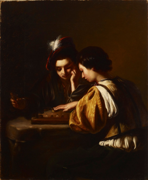 Ein Gemälde von zwei Frauen in traditioneller Kleidung, eine in einem weißen Kleid und die andere in einem schwarzen Anzug, die Schach auf einem Brett spielen, vor einem tiefblauen Nachthimmel mit Sternen.