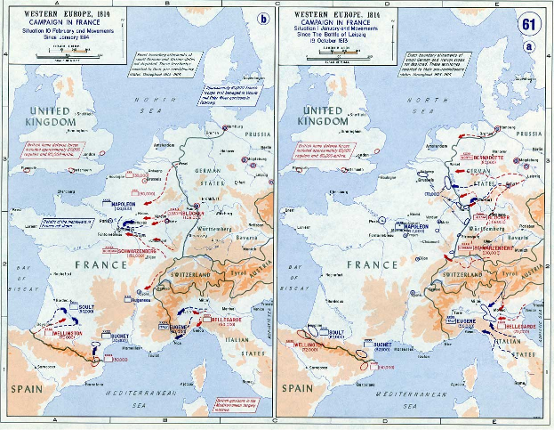 Eine historische Europakarte während der Schlacht von Leipzig, unterteilt in Abschnitte für Europa und Frankreich, mit nummerierten Regionen und beschrifteten geografischen Merkmalen.