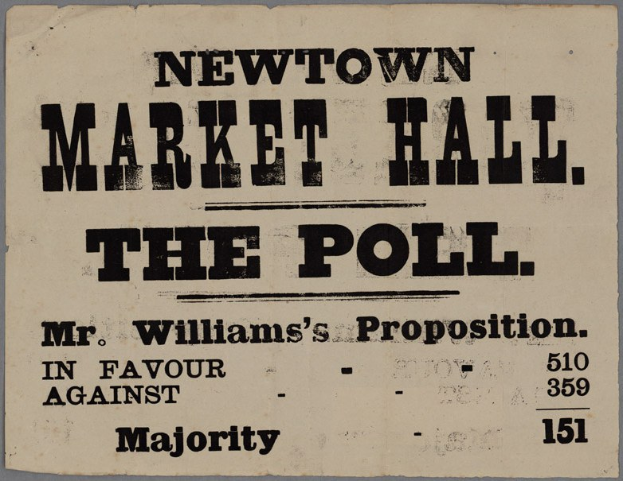 Ein Blatt Papier mit der Aufschrift "Newtown Market Hall, die Abstimmung, Mr. Williams' Vorschlag für die Mehrheit"