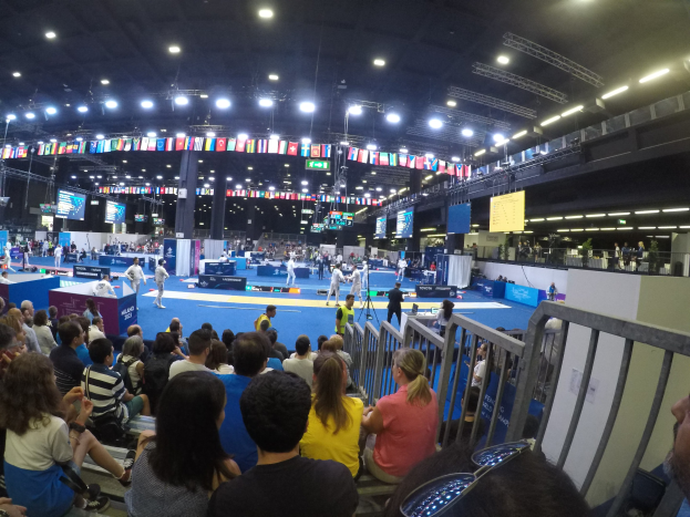Große Menschenmenge sitzt und steht in einer Indoor-Sportarena mit Bildschirmen, Fahnen und Deckenbeleuchtung.