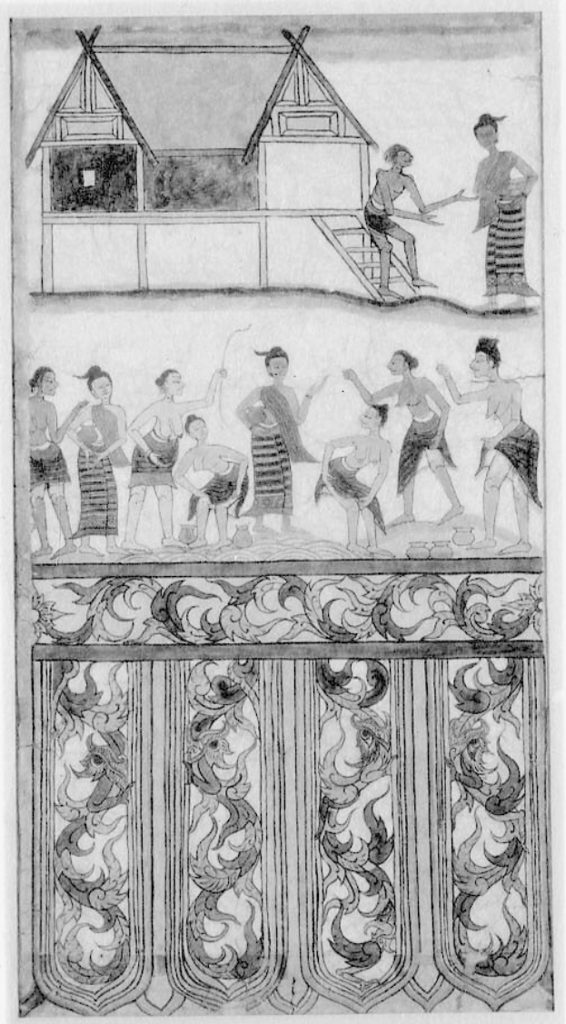 Schwarzes und weißes thailändisches Gemälde, das Menschen in traditioneller Kleidung bei Aktivitäten wie Tanzen und Musizieren zeigt, mit einem geschmückten Haus im Hintergrund.