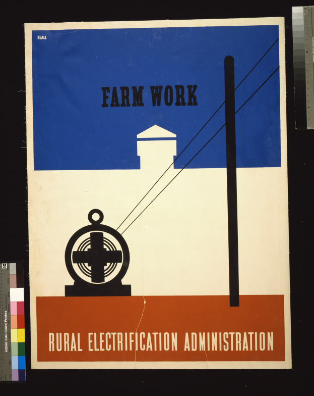 Ein Plakat mit fetter, schwarzer Schrift, die 'Landwirtschaftliche Elektrizitätsverwaltung' auf einem weißen Hintergrund liest, von einem dünnen schwarzen Rand eingerahmt, mit einer Grafik eines Bauernhofs mit einem Traktor und einem Bauernhaus im Hintergrund.