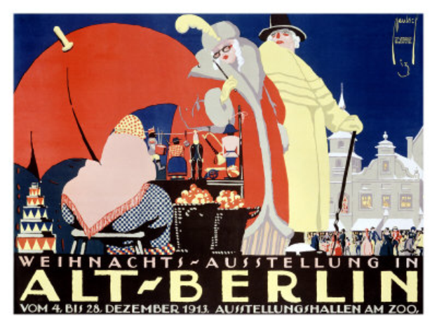Ein Plakat, das eine Zirkusveranstaltung in Berlin, Deutschland, ankündigt, mit einer farbenfrohen Illustration von Menschen, Gebäuden und Gegenständen und den Worten "Weihnachtsausstellung in Alt-Berlin" oben drauf.
