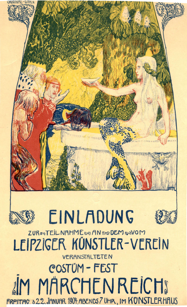Plakatankündigung eines Festivals in München mit einem Gemälde einer Frau mit menschlichem Gesicht, umgeben von Menschen und Bäumen mit Text.
