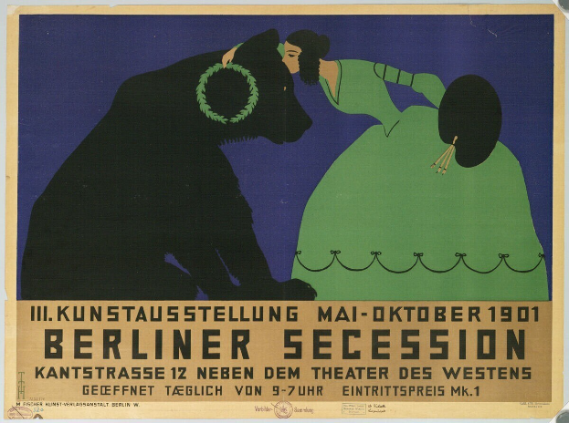 Plakat der Berliner Secession mit einer Frau in grünem Kleid und einem Mann in schwarzem Anzug, mit Text zur Beschreibung des Ereignisses.