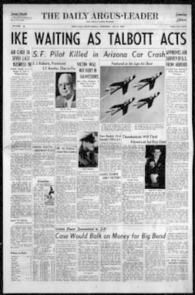 Die Titelseite der Daily Argus-Leader-Zeitung aus Arizona mit einem schwarzen Hintergrund, der Überschrift "Ike Waiting as Talbott Acts" und mehreren Bildern von Menschen und Flugzeugen.