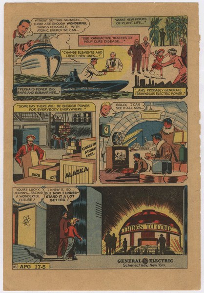 Comicbuchseite mit einem Mann in einem blauen Anzug mit roter Krawatte und einer Frau in einem weißen Kleid mit einem blauen Schultertuch, vor einem hellblauen Himmel mit weißen Wolken.