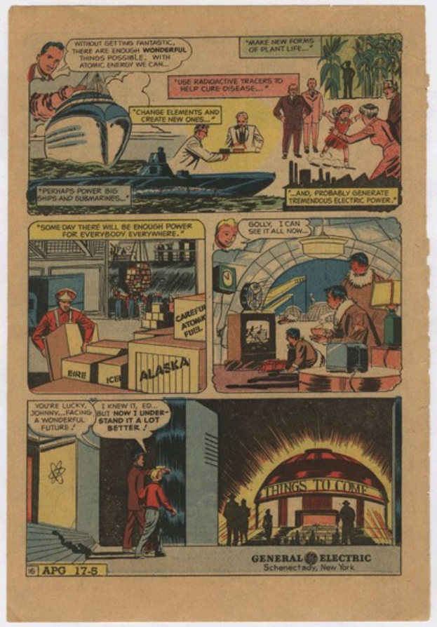 Comicbuchseite mit einem Mann in einem blauen Anzug mit roter Krawatte und einer Frau in einem weißen Kleid mit einem blauen Schultertuch, vor einem hellblauen Himmel mit weißen Wolken.