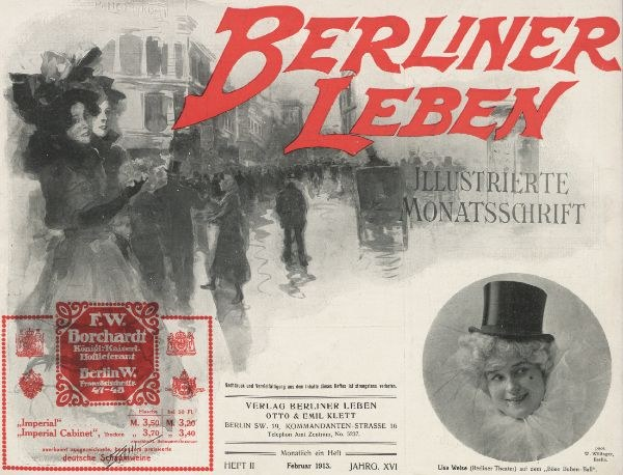 Werbeplakat für das Berliner Leben Theater mit einer Frau in einem Zylinder und einem Mann im Anzug, mit Text, einem Stempel, einigen Leuten und Gebäuden im Hintergrund.