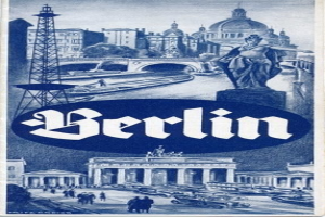 Plakat, das Berlin, Deutschland bewirbt und eine Statue, Gebäude, einen Turm, Menschen, Fahrzeuge auf der Straße und eine Brücke zeigt.