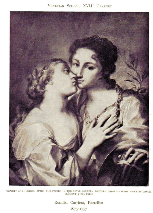 Plakat mit zwei Frauen, eine küsst die andere, mit Text unten: "Charity und Gerechtigkeit nach dem Pastell in der Königlichen Galerie, Dresden, aus einem Kohledruck von Braun"