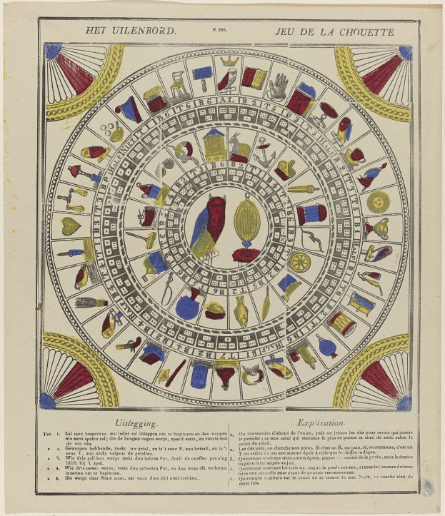 Ein Blatt Papier mit einem dekorativen Glücksrad, das in zwölf zodiac-themed Abschnitte unterteilt ist und von Text in einer verzierten Schrift umgeben ist.