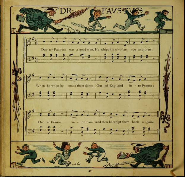 Eine bunte Illustration von tanzenden Menschen ist auf einer offenen, alten Buchseite zu sehen, die auch Text in verschiedenen Schriftarten und Farben enthält.