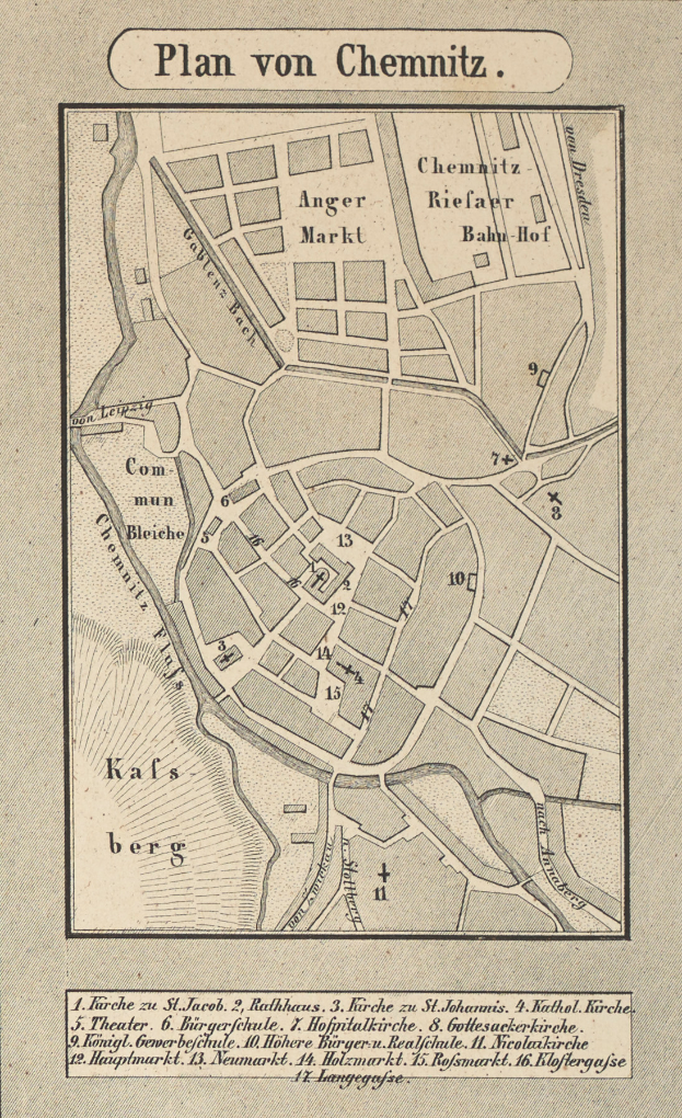 Ein detaillierter Stadtplan von Chemnitz, Deutschland, auf Papier mit handgeschriebenem Text, der Straßen, Gebäude und Sehenswürdigkeiten zeigt.