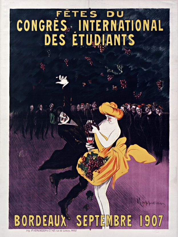 Ein Vintage-Plakat wirbt für ein Weinprobe-Event im Jahr 1907 in Bordeaux, Frankreich, mit einer Frau in gelbem Kleid, die ein Glas Wein hält, umgeben von einer Gruppe von Menschen, mit beschreibendem Text.