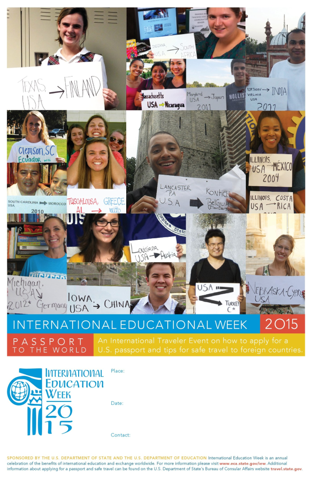 Internationaler Bildungswoche 2015-Plakat, das eine Gruppe von Menschen mit Schildern zeigt.