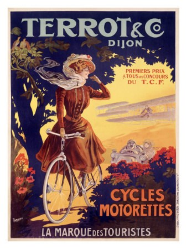 Ein Plakat, das eine Fahrradtour in Frankreich ankündigt, zeigt eine Frau auf einem Fahrrad umgeben von Bäumen, Blumen und anderen Menschen mit Textbeschreibung.