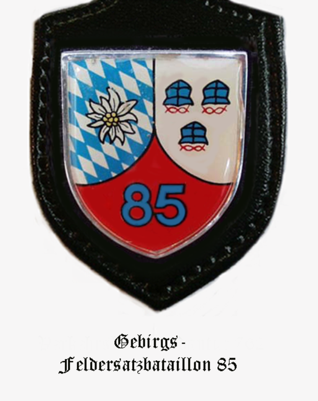 Ein Abzeichen mit der Nummer 85 und deutschem Text unten, das das Logo des bayerischen Fussballteams darstellt.