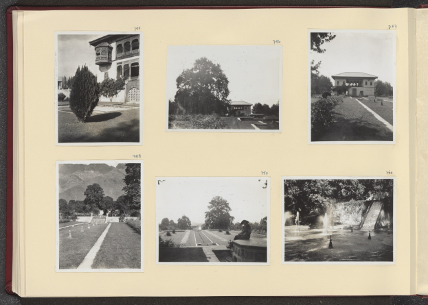 Collage aus Schwarz-Weiß-Fotografien mit Bäumen in der Mitte, umgeben von Gebäuden und einem Brunnen.