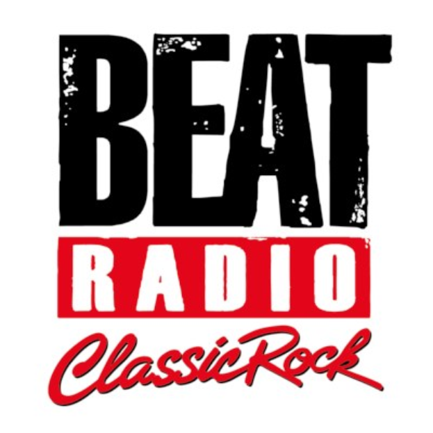 Plakat mit 'Beat Radio Classic Rock' in fetter schwarzer moderner Schrift auf einem weißen Hintergrund, eingerahmt von einem hellgelben Rand und einem schwarzen äußeren Rand.