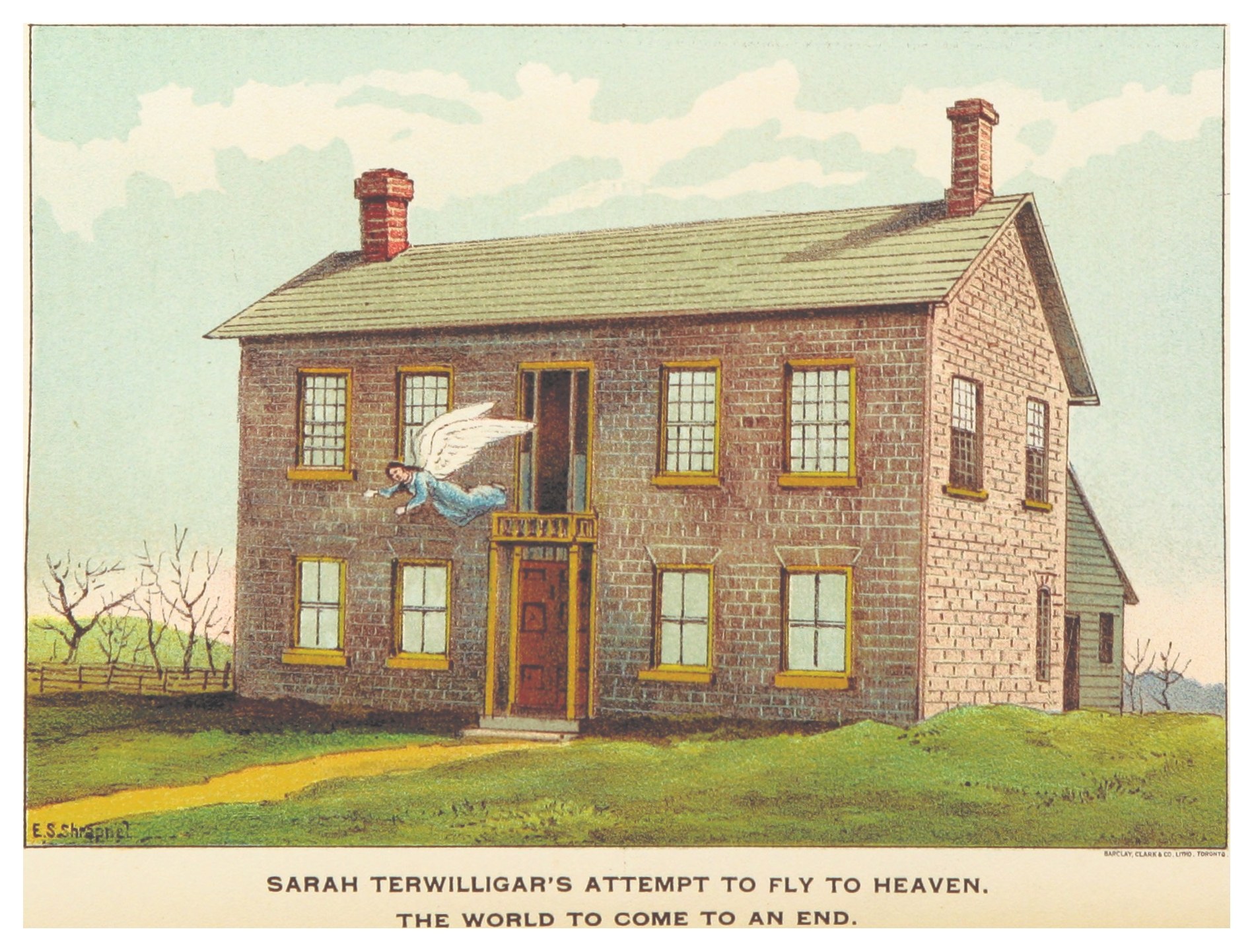 Ein Plakat zeigt Sarah Terwilligers Versuch, in den Himmel zu fliegen, mit einem zentralen Haus umgeben von Bäumen und dem Text 'Die Welt wird untergehen.'