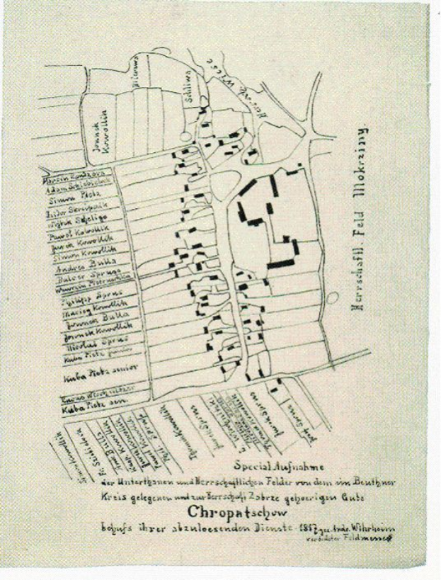 Ein detaillierter alter Stadtplan von Chropatschow, Deutschland, der Straßen, Gebäude, Sehenswürdigkeiten und Text mit Informationen über die Bevölkerung und bekannte Orte zeigt.
